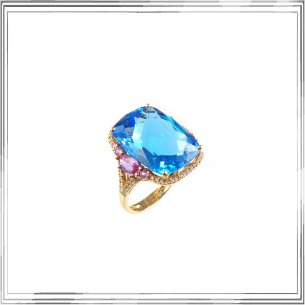 K18PG Blue Topaz Pink Sapphire Diamond Ring BT,20.36ct S,1.03ct D,0.31ct Size #14