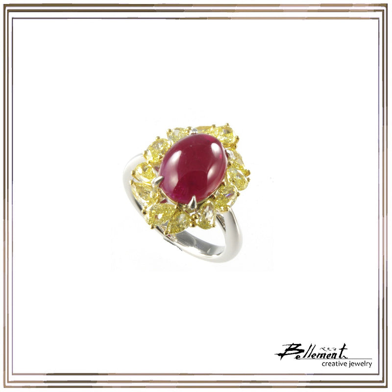 Pt900/K18YG Un-Heat Ruby Cab Yellow Diamond Ring R,5.14ct YD,2.00ct size #13