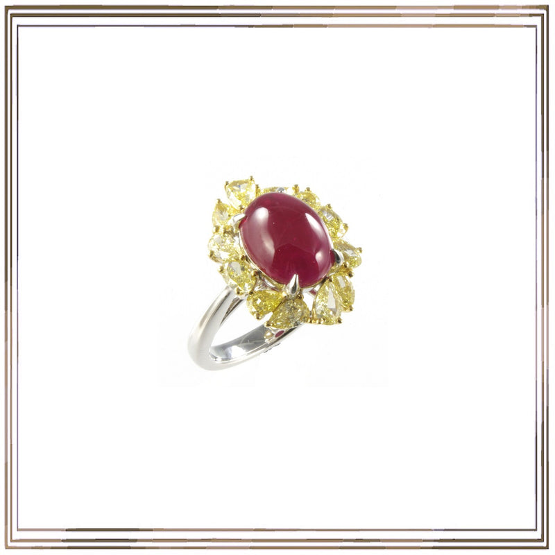 Pt900/K18YG Un-Heat Ruby Cab Yellow Diamond Ring R,5.14ct YD,2.00ct size #13