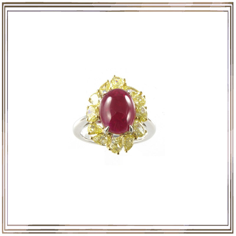 Pt900/K18YG Un-Heat Ruby Cab Yellow Diamond Ring R,5.14ct YD,2.00ct size #13