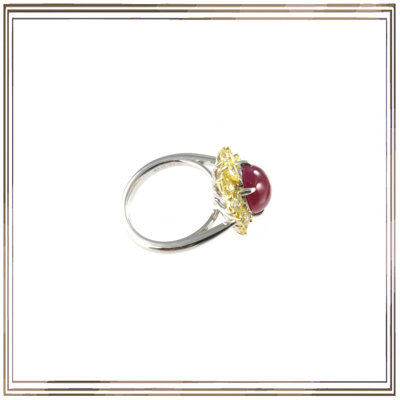 Pt900/K18YG Un-Heat Ruby Cab Yellow Diamond Ring R,5.14ct YD,2.00ct size #13