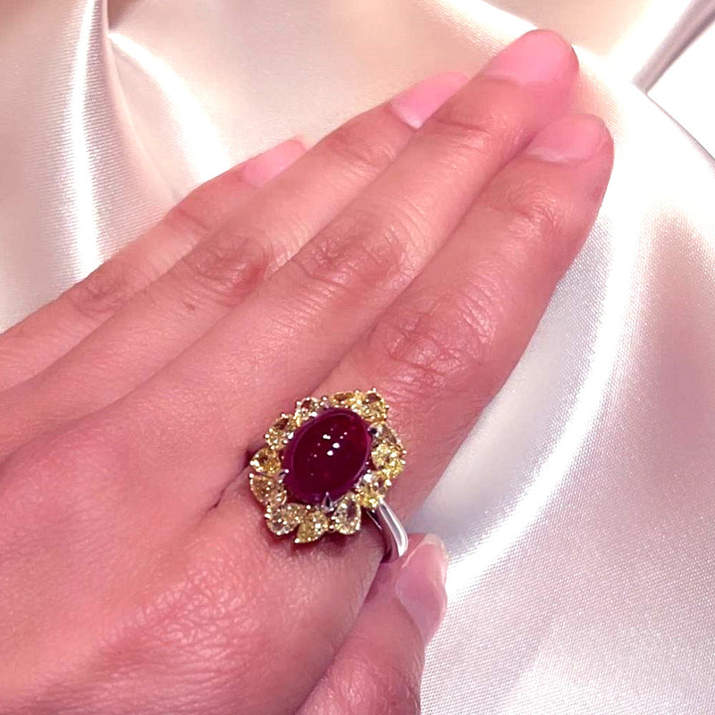 Pt900/K18YG Un-Heat Ruby Cab Yellow Diamond Ring R,5.14ct YD,2.00ct size #13