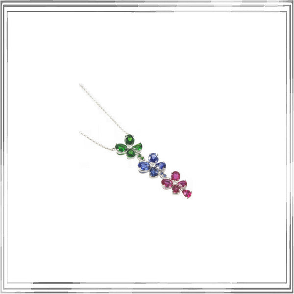 K18WG Green Garnet Sapphire Ruby Diamond Necklace G,1.20ct S,1.42ct R,1.06ct D,0.08ct