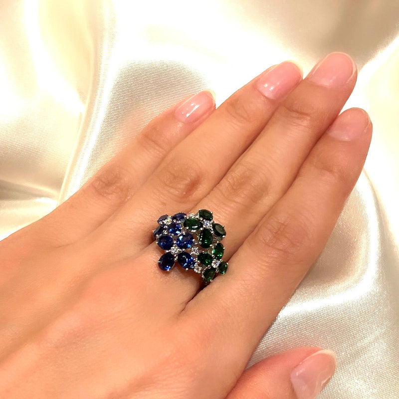 K18WG Blue Sapphire Green Garnet Diamond Ring S,2.13ct G,1.73ct D,0.16ct size #14